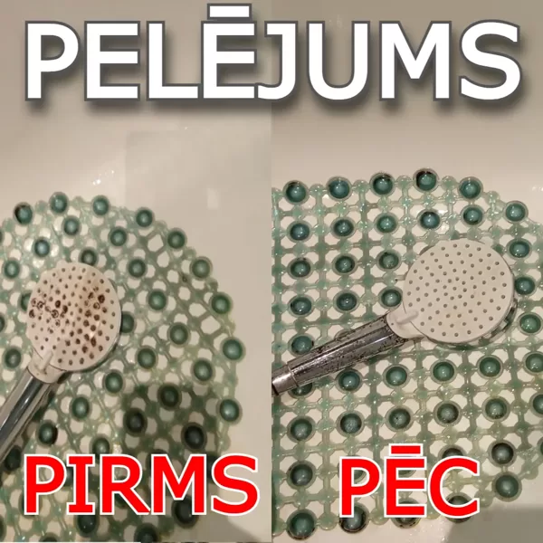 Pelējums vannā uz dušas galvas pirms noņemšanas un pēc pretsēnīšu ārstēšanas.