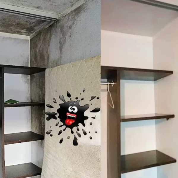 Pelējums skapī (Pirms un Pēc) apstrādes ar ķīmiju pret pelējumu + ozonēšana Rīgā.