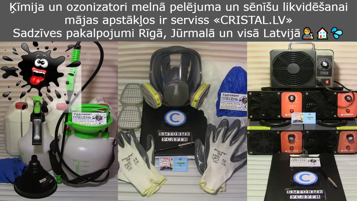Ķīmija un ozonizatori pret melnā pelējuma un sēnīšu likvidēšanai mājas apstākļos ir serviss «CRISTAL.LV» Sadzīves pakalpojumi Rīgā, Jūrmalā un visā Latvijā👨🔧🏠💦